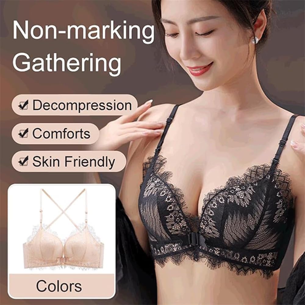 Women's Front Closure Wireless Eyelash Bralettethin Straps Comfort Halter Backless Cross Multiway Convertible Bras 71142